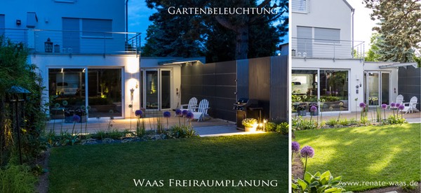 Ein moderner Garten mit Gartenbeleuchtung. Stimmungsvolle Beleuchtung sorgt für Gartengenuss bis spät in den Abend. Gartenplanung Renate Waas, Gartenarchitektin München