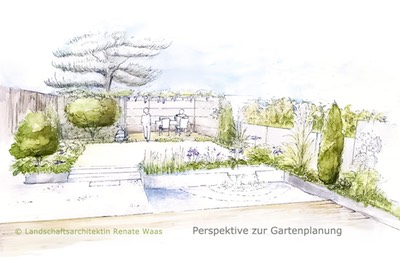 Perspektive zur Gartenplanung, Gartenplanung moderner Garten mit Wasserbecken, Gartenplanung Renate-Waas Muenchen