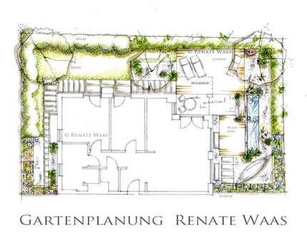 Gartenplanung Gartendesign Gartenplan Gartengestaltung kleiner Garten Wasserbecken moderner Garten Stadtgarten Renate Waas 